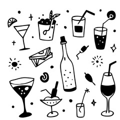 Coquettish merry Christmas set, vector hand drawn New Year doodle illustration, pink ribbon bow. Winter holiday celebration dinner champagne bottle, elegant decoration cocktail glass. Christmas doodle