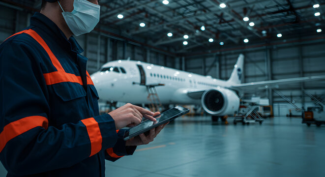 Aircraft Maintenance Engineer Uses Tablet Inspecting White Airplane in Hangar Wearing Blue Uniform and Facemask with Bright Overhead Lighting