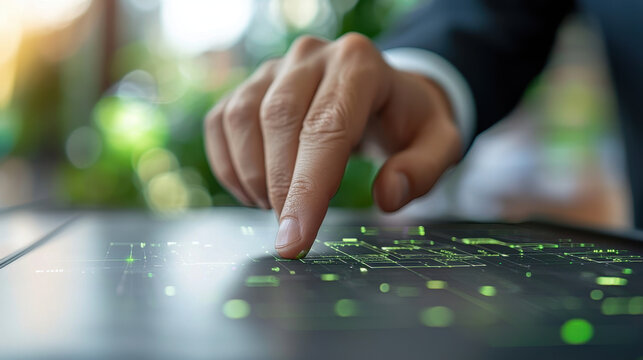Businessman interacting with digital interface, showcasing technology and innovation. image conveys sense of modernity and engagement