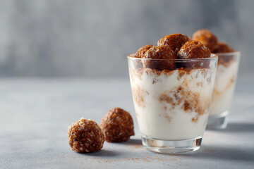 Creamy yogurt parfait with high protein energy balls in glass
