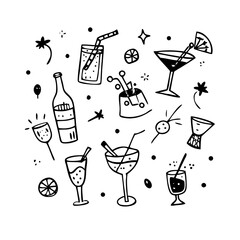 Coquettish merry Christmas set, vector hand drawn New Year doodle illustration, pink ribbon bow. Winter holiday celebration dinner champagne bottle, elegant decoration cocktail glass. Christmas doodle