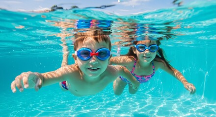 Happy children swimming underwater in a pool during summer vacation