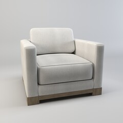 A modern and minimalist 3D illustration featuring a sofa chair in a palette of grey, black, off-white, and white, accented with natural wooden tones. The design emphasizes clean lines, geometric shape
