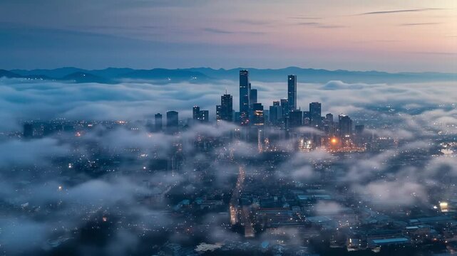 Aerial city skyline emerging from morning fog, sity in the clouds  