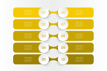 Yellow infographic template with 10 steps, options, parts or processes. Presentation of teamwork or business processes.