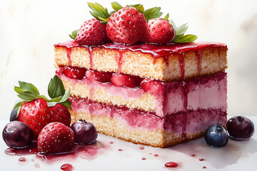 cheesecake with berries. Watercolor layer cake, sliced ​​strawberries, sweet colors, topped with jam, fruits on top, white background.