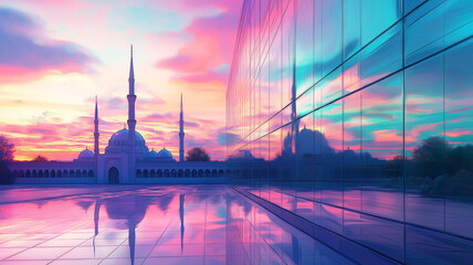Naklejka premium Ethereal glass mosque illustration, unique beautiful reflection at sunrise, peaceful Eid al-Adha.