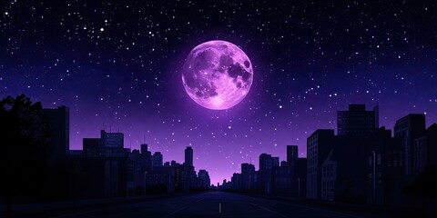 Fototapeta premium Purple Moon Rises Above Cityscape Road at Night.