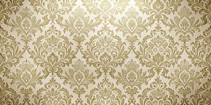 Elegant, ornate damask design on seamless wallpaper featuring intricate gold and cream patterns with subtle texture