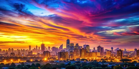 Obraz premium Sunset over a cityscape with vibrant color gradient background , night sky, urban landscape
