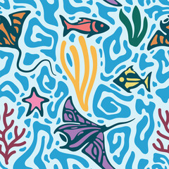 Seamless pattern with fish and seaweed. Hand drawn vector illustration
