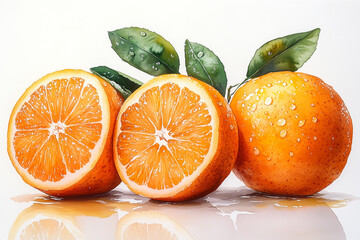 oranges and leaves, Watercolor Fresh Orange Fruits with Leaves, Pile of Cut Fruits Included on White Background.