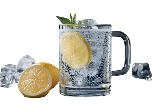Sparkling Lemon Water with Ice Cubes on Transparent