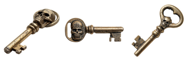 Antique Keys with Skull Design for Vintage and Gothic Decor Isolated on a Transparent Background