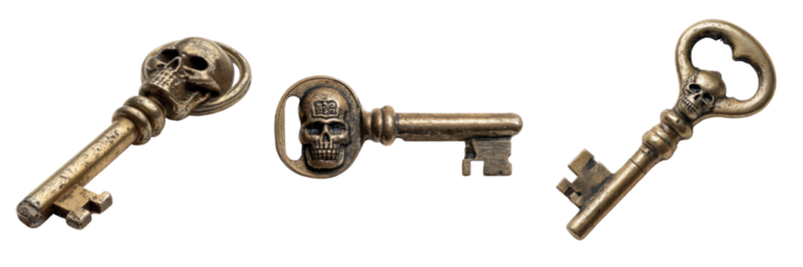 Antique Keys with Skull Design for Vintage and Gothic Decor Isolated on a Transparent Background