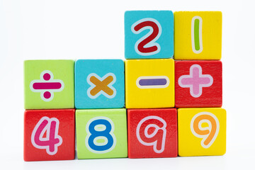 Number wood block cubes for learning Mathematic, education math.