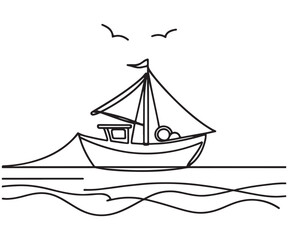Fishing Boat Silhouette Drawing in the Ocean Minimalist Line Art