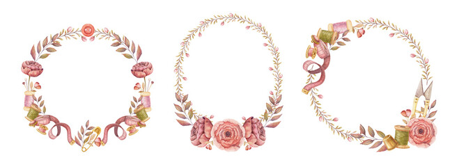 Set of watercolor round and oval wreath. Hand drawn vintage floral template with pink rose flower and sewing tools. Perfect for tailor or atelier logo and romantic card and invitation design.