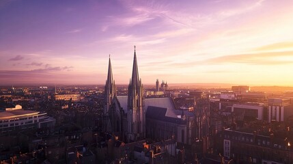 Naklejka premium Cathedral at golden hour seen from above, spires glowing vividly, urban skyline under soft purple and orange hues, wide-angle dynamic shot. 