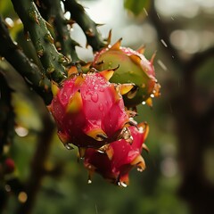 a dragon fruit on the tree , rainy weather view , realistic view