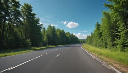 Asphalt road cuts through lush green forest, blue sky above , depth, light, leaves