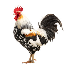 Fototapeta premium A majestic rooster with black, white and orange plumage stands proudly against a clean white backdrop, showcasing its vibrant colors and healthy appearance perfectly.