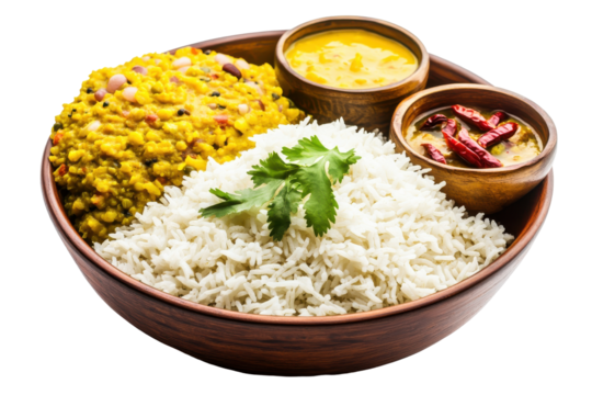 Indian thali on wood rice mixed dal spicy sauce and yellow dal in wooden bowls