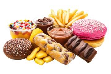 Indulgent temptations piledhigh sweets salty fries and rich sauces on stark isolated white background