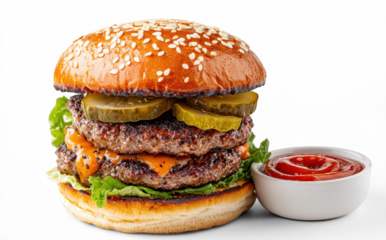 Delicious Double Cheeseburger with Pickles and Sauce