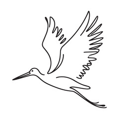 Elegant flying crane silhouette vector illustration with detailed wings