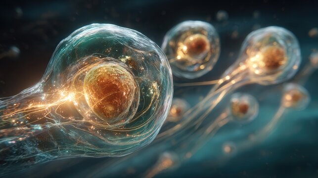 Abstract visualization of glowing cytokine molecules transmitting signals between cells in fluid space, blending science and art in a futuristic atmosphere.