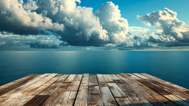 Serene ocean view from weathered wooden dock under a dramatic sky