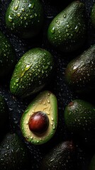 Fresh Avocados on a Seamless Background with Glistening Water Droplets in a Flat Lay Food Arrangement
