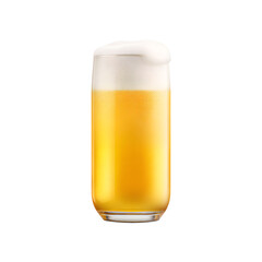 A tall glass filled with refreshing golden beer is showcased against a clean white background, topped with a thick head of creamy white foam and condensation.