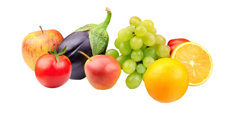 fresh fruits and vegetables on white background.