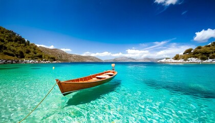 Naklejka premium Pequeño barco de madera en una tranquila bahía turquesa