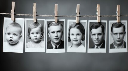 Obraz premium Remembrance Day Vintage black and white family photos on clothesline