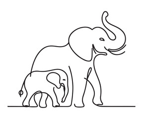 Elegant one line drawing of an elephant family silhouette vector