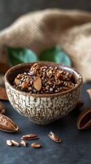Almond Sauce In Brown Bowl On Dark Background