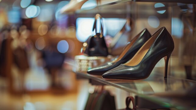 Elegant black leather high heels on glass shelf with handbag and blurred luxury store background - Powered by Adobe