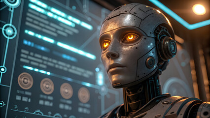 Close-up of a futuristic robot head with glowing eyes, against a backdrop of digital interface and technological elements.