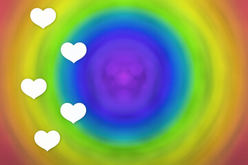Abstract background of blurred swirling colorful rainbow with group of white hearts for LGBTQ or Equality love or Romance concept.