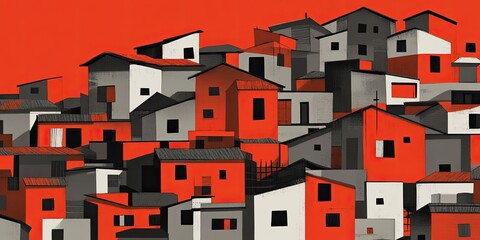Favela abstract illustration with dense with orange, and and modern buildings.