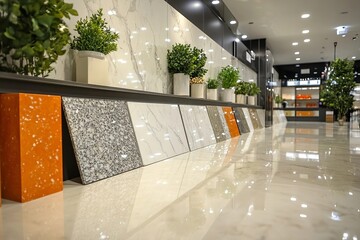 Contemporary Kitchen Backsplash featuring White Marble Slabs, Floor Tiles, and Granite Color Samples