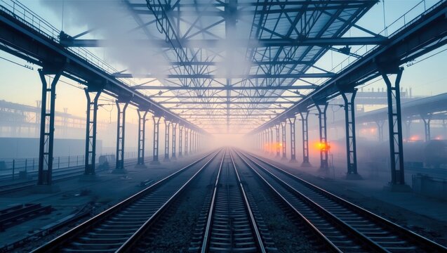 Industrial railroad tracks shrouded in fog