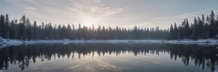 Fototapeta premium Icy lake surface mirroring pale winter sky, sunlight through evergreens, flora, landscape, trees
