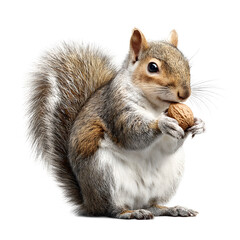A cute squirrel with fluffy tail, holding a walnut in its paws, sta directly at the camera against a clean white background in a studio setting, lovely.