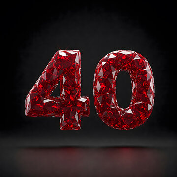 Luxurious Red Ruby Number 40: Sparkling Faceted Gem for 40th Anniversary or Birthday. Elegant 3D Render, Fortieth Celebration, Isolated on Dark Reflective Background.