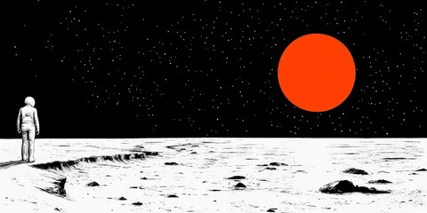 Lunar Dreamer Astronaut Gazing at Red Sun on a Distant Planet.