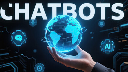 Artificial intelligence chatbots concept with glowing digital globe in hand over tech background